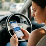 A frustrated learner driver looking at a phone, warning about learner driver scams